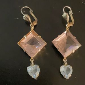Pink and blue gold tone dangle earrings